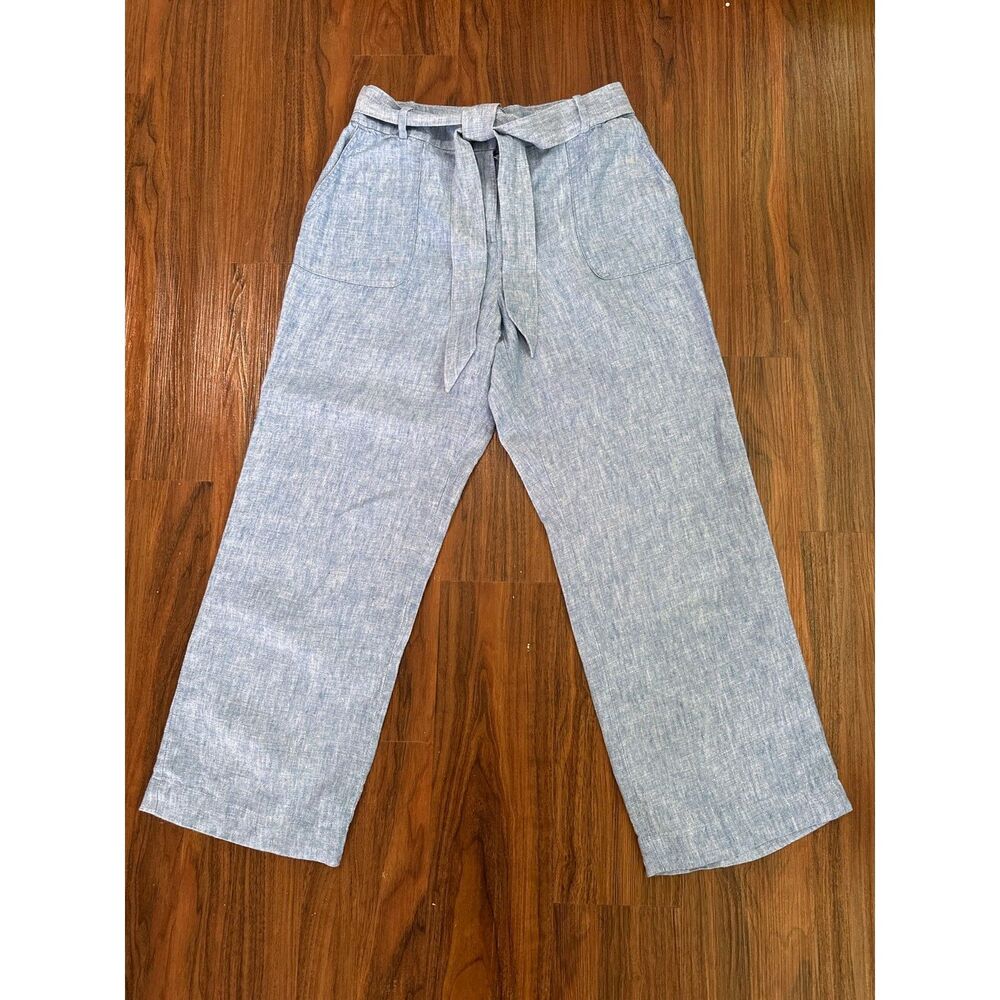 Women's L 100% Linen Pants Wide Leg Tie Belt Blue Coastal Grandma Lagenlook